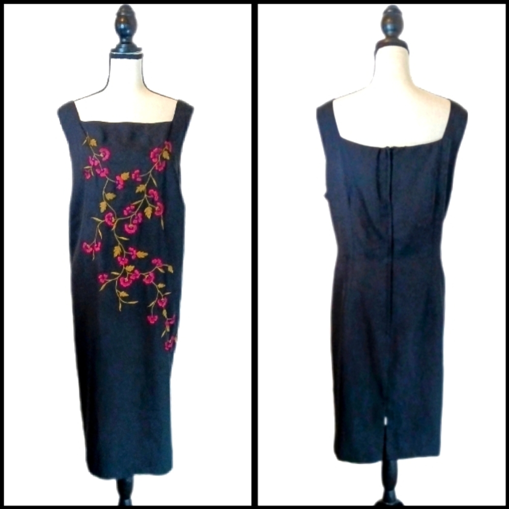 Black Midi Dress with Pink Floral Embroidery